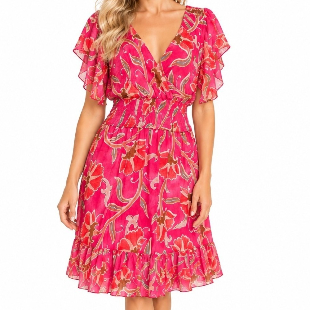 Le Ragazze Pink Floral Silk Blend Flutter Sleeve Smocked Waist Ruffle Dress L